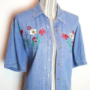 Vintage Embroidered Flowers Denim Shirt